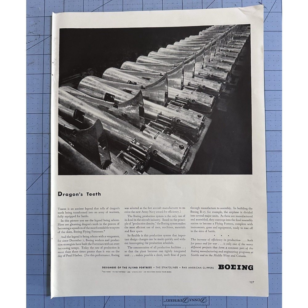 VTG 1942 Original Magazine Ad BOEING AIRPLANE Dragon's Teeth WW2 BW